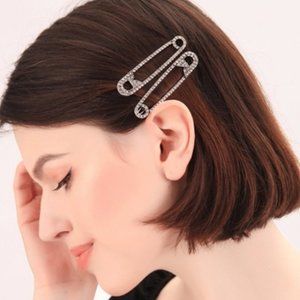 Hair Barrettes Safety Pin Silver Crystals Set